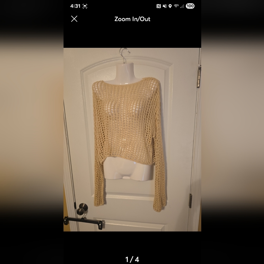 Boutique crocheted Cross Back Women's Cream Knit Sweater